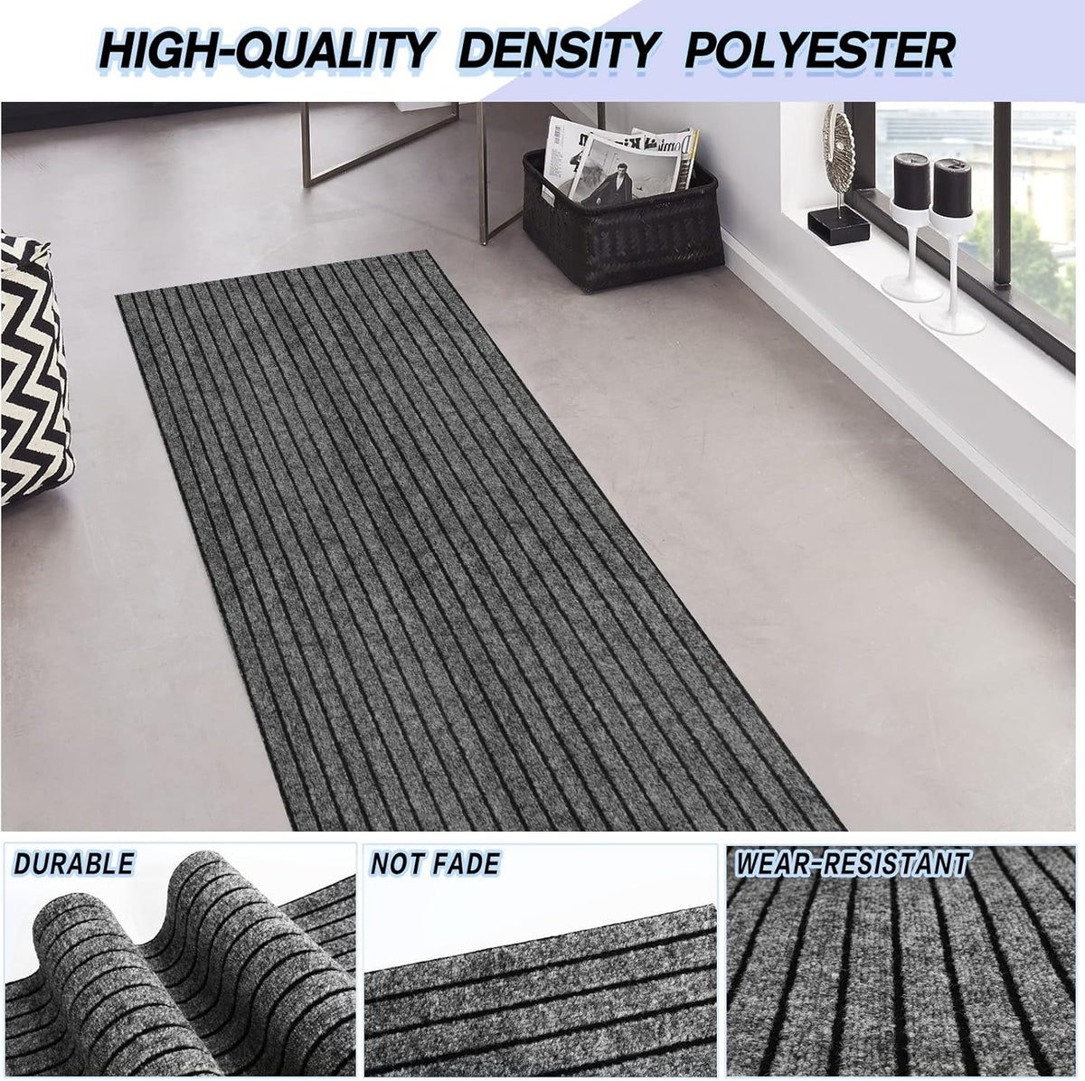 Custom Size Backed Non-Slip Area Rugs Runner, Easy Clean, Waterproof Runner Rugs for Hallway Entryway, Kitchen, Laundry, 2FT x 29FT, Gray Stripe