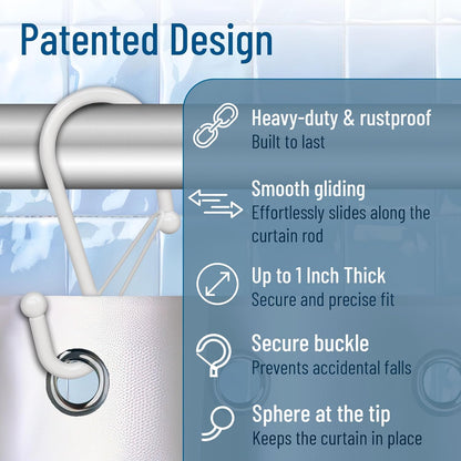 12 Decorative Metal Shower Curtain Hooks, S-Shaped Hooks with Anti-Fall System, Rust-Proof Shower Rings with Safety Buckle, Fits Rods Up to 1-Inch Diameter (S, White)