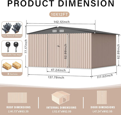10x12 FT Metal Storage Sheds Outdoor, Metal ToolShed with Lockable Door, Metals Yard Sheds Metals Garden Shed Kit, MetalUtility Sheds Buildings with Air Vent for Backyard Garden Patio Lawn