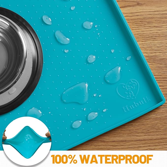 Hubulk Dog Feeding Mat,100% Waterproof Food Grade Silicone Pet Food and Water Bowl Placemat,Dishwasher, High Raised Edge to Prevent Spills,Nonslip Tray to Stop Messes on Floor (32"x24"x1.0", Teal)