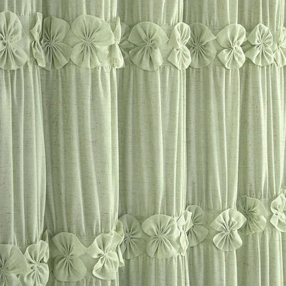 XOGUIBO Ruffle Shower Curtain with Handmade Bow Tie, Green Linen Vintage Farmhouse Shower Curtain for Bathroom, 72" W x 72" H