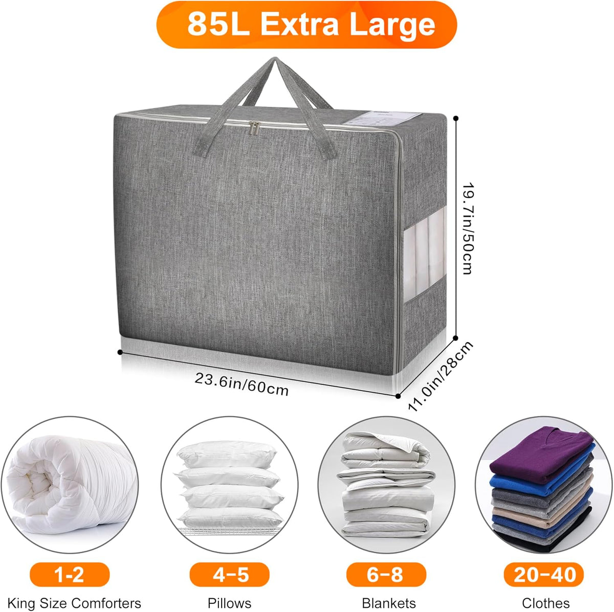 3 Pack 85L Comforter Storage Bags, Extra Large Bedding Storage Bags with Card and Clear Window, Reinforced Handles & Zippers, Foldable Closet Organizers for Blanket Pillow Clothes