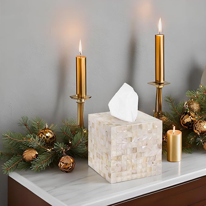 PEMAR 5.9″ Handmade Mother of Pearl Tissue Box Cover – Acacia Wood Cube, 5.35″ Interior Fits 5″ Square Boxes, Sliding Bottom, Pearly White Lacquer Rustic Farmhouse Decor