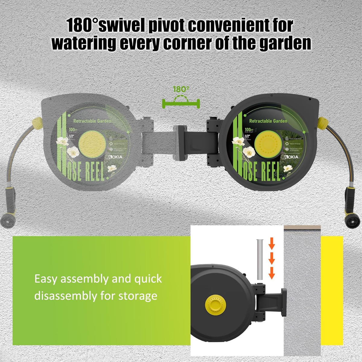 Hose Reel, Retractable Garden Hose Reel, 65 ft x 1/2 inch Garden Hose with Auto Return System, Retractable Water Hose with 180°Swivel Wall Mounted Bracket, 9 Pattern Sprayer Nozzle & Any Length Lock
