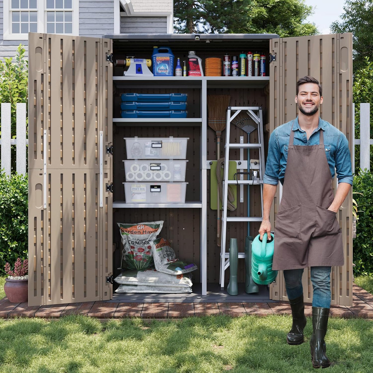 Aoxun Outdoor Storage Shed with Metal Shelving Kit & Floor, 64 Cu.Ft Large Outdoor Storage Cabinet, Waterproof Vertical Resin Shed for Garden Tools, Pool Equipment, Brown