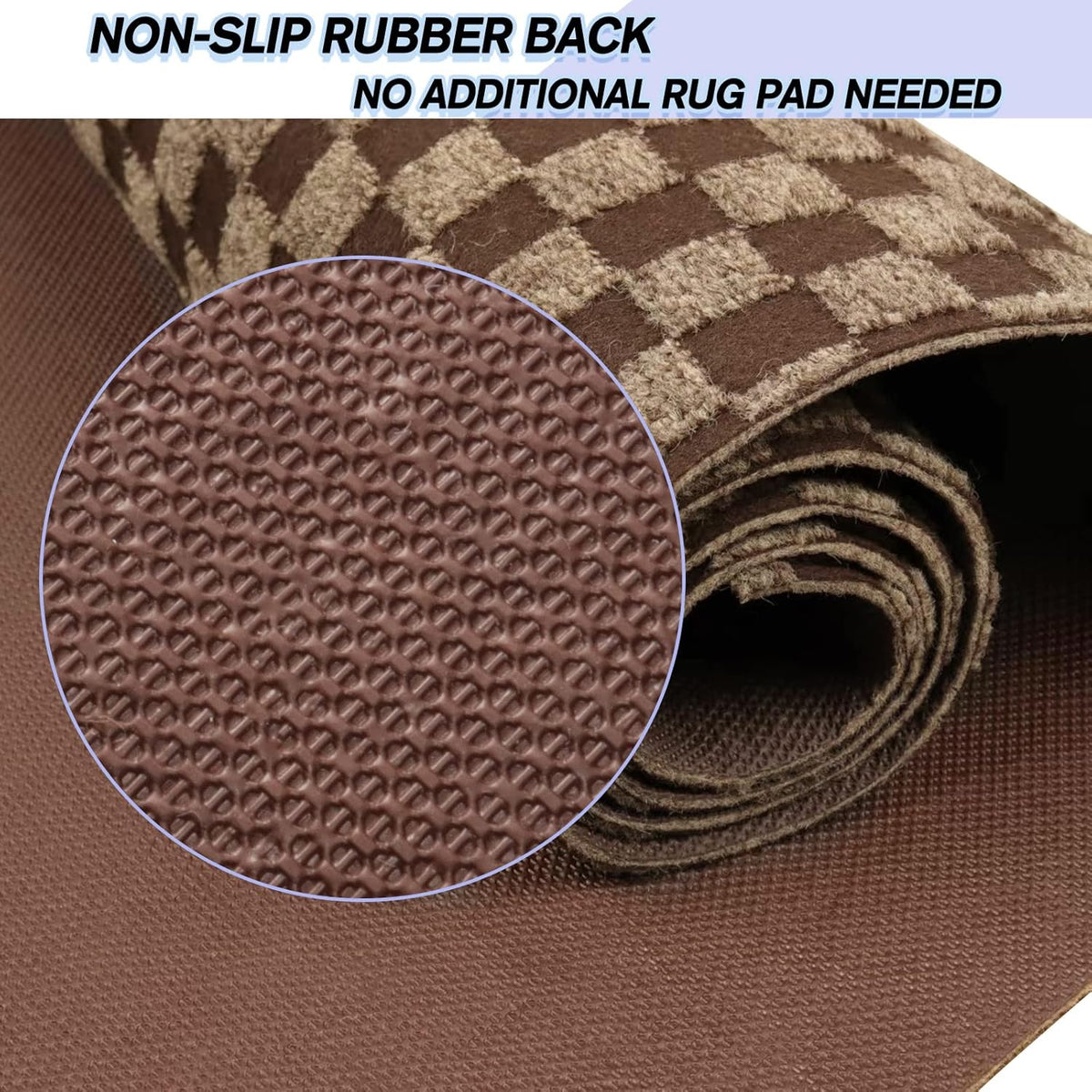 Custom Size Backed Non-Slip Area Rugs Runner, Easy Clean, Waterproof Runner Rugs for Hallway Entryway, Kitchen, Laundry, 2FT x 41FT, Brown Checkered
