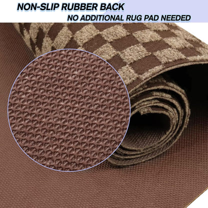 Custom Size Backed Non-Slip Area Rugs Runner, Easy Clean, Waterproof Runner Rugs for Hallway Entryway, Kitchen, Laundry, 2FT x 37FT, Brown Checkered