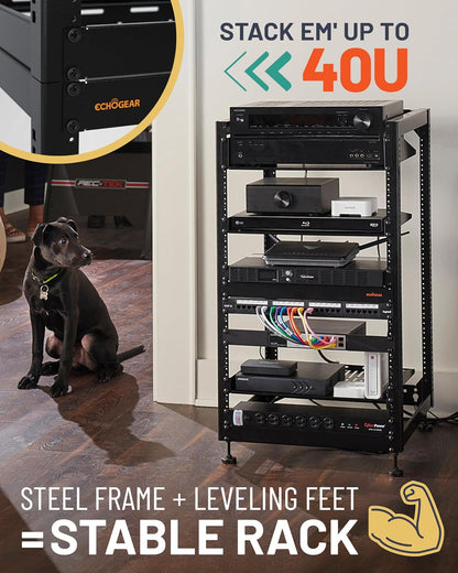 ECHOGEAR 20U Open Frame Rack for Servers & AV Gear - Wall Mountable Design Includes 2X Vented Shelves, 25x Rack Mounting Screws, 4X Leveling Feet, 4X Shelf Stops, & 2X Securement Straps