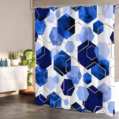 Litabel Modern Extra Long Shower Curtain for Bathroom, Royal Blue Geometric Art Decor Waterproof Bath Curtain, Abstract Fabric Shower Curtain Sets for Home Decor, 72x84 Inch