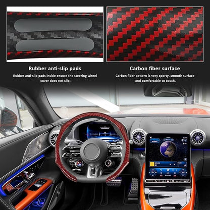 Sun Walker Carbon Fiber Car Steering Wheel Cover, 15" Anti-Slip Wear-Resistant Steering Wheel Protector Stylish Interior Decor, Ultra-Thin Comfortable Leather Wheel Cover for Women Men (Red)