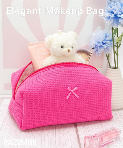 PAZIMIIK Cozy Makeup Bag Travel Cosmetic Bag for Women Soft Toiletry Bag Aesthetic Makeup Organizer Portable Large Zipper Pouch for Skincare Beauty Accessories Brushes Waffle Hotpink