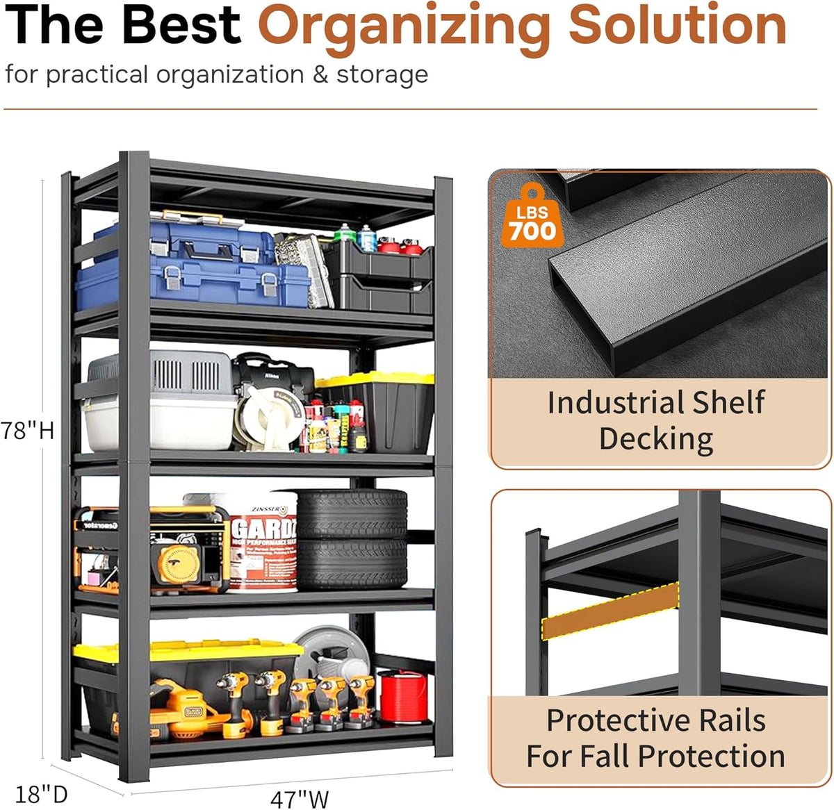47" W Garage Shelving 3800Lbs Storage Shelves Heavy Duty 5 Tier Adjustable Metal Shelving Unit Garage Shelves for Basement, Warehouse, Commercial 47" W X 78" H X 18" D, Black