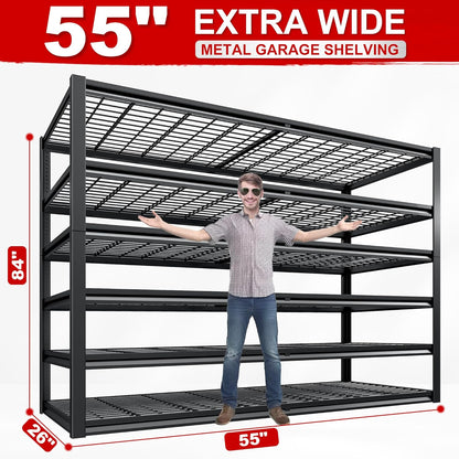 REIBII 3500LBS Garage Shelving, Adjustable Storage Shelves Heavy Duty, 6 Tier Heavy Duty Shelving, Metal Shelving Unit for Warehouse, Basement, Industrial, 55" W x 26" D x 84" H, Black, 2 Pack