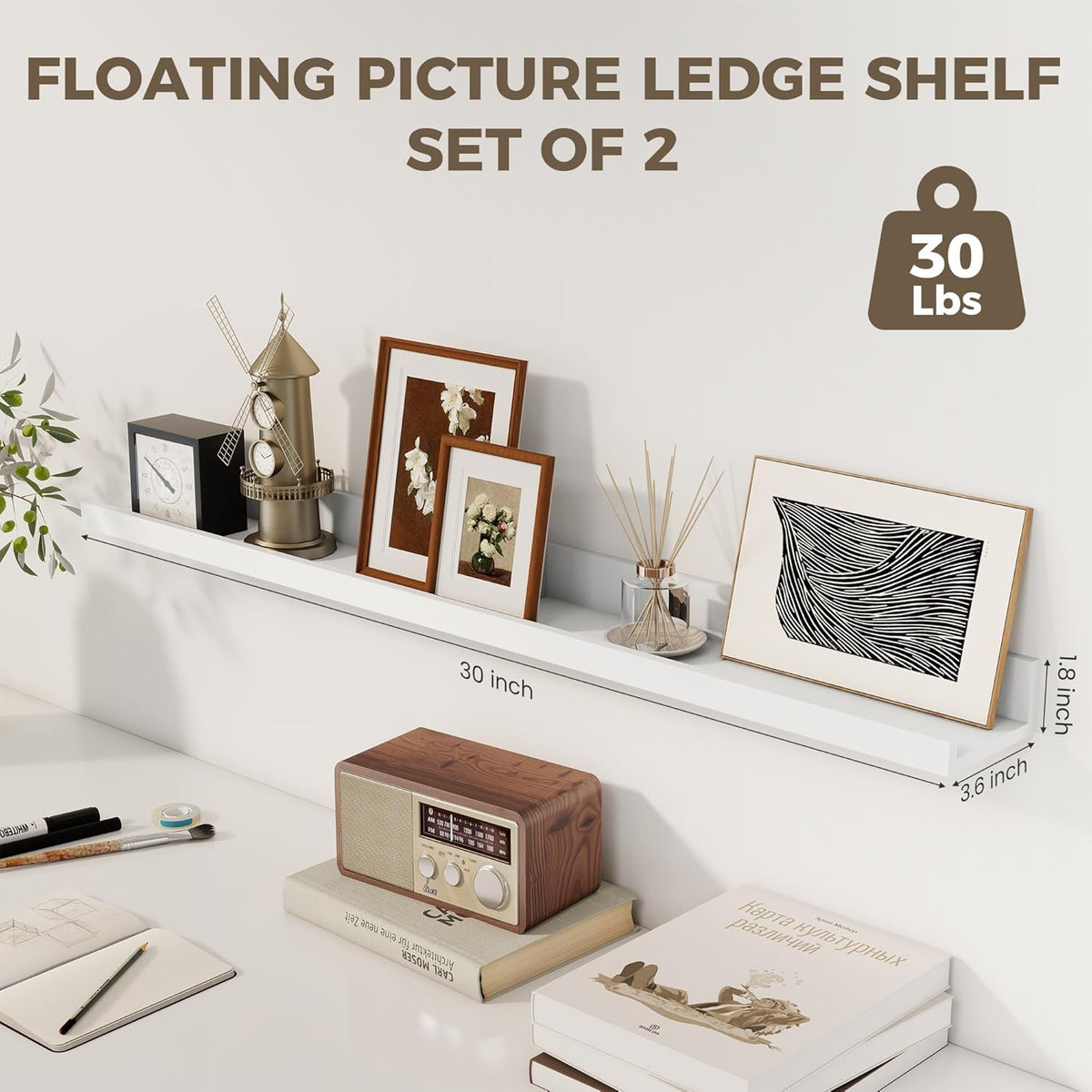 Axeman 30 Inch White Floating Shelves for Wall | Picture Ledge Shelf Set of 2 | Rustic Picture Shelf for Wall with Ledge | Floating Shelves with Lip | Photo Ledge Shelves for Books Album Records