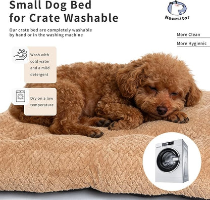 Washable Dog Crate Pad for Small Dogs, Anti-Slip Puppy Kennel Dog Bed for Crate,Flat Soft Fleece Khaki Pet Mat 24" x 18"