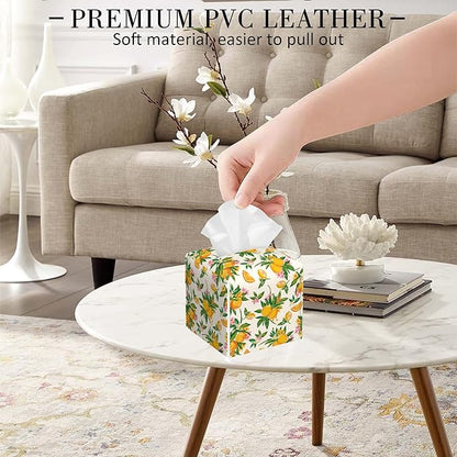 POIUBLE Tissue Box Holder Orange Fruit Floral Tissue Box Cover Square Leather Tissue Holder Organizer Portable Decorative Facial Paper Case for Home Office Bathroom Vanity Countertop