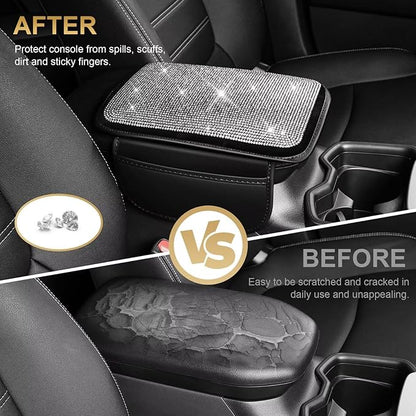Bling Center Console Cover Fit for Toyota Tacoma with 2 Storage Bags Fully Diamond-Studded Style Center Console Armrest Cover with Total Protection(Silver Diamond)