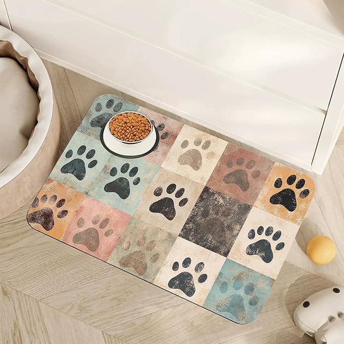 Cute Cat Paw Print Dog Food Mat for Floors,Vintage Absorbent Pet Food and Water Bowl Mats,Non-Slip Pet Feeding Mat,Pet Supplies 12" x 20"