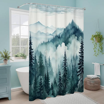Litabel Peacock Blue Extra Long Misty Pine Forest Shower Curtain 72 x 84, XL Mountain Foggy Woodland Scenery Tree Shower Curtains for Bathroom, Abstract Waterproof Nature-Themed Decor
