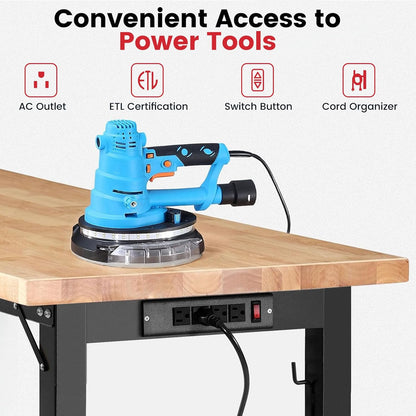 Workbench with Wheels 60 Inch Rubberwood Tabletop Garage Workbench Adjustable Height Work Bench with Pegboard, Power Outlets for Woodworking, Home, Office, Workshop