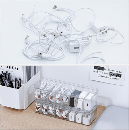 Cord Storage Organizer for Desk Drawer, Plastic Adjustable Cable Organizer Box with Lid and Wire Ties, Clear Phone Charger Case for Home Office
