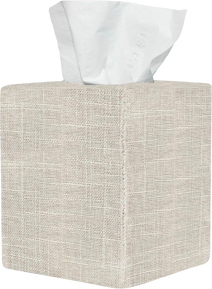 Tissue Box Cover, Cute Beige Linen Fabric Decorative Square Tissue Box Holder/Organizer for Bathroom Vanity Countertop/Office/Nightstand/Desk