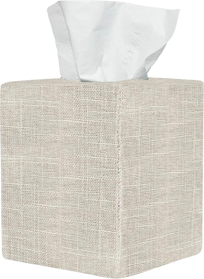 Tissue Box Cover, Cute Beige Linen Fabric Decorative Square Tissue Box Holder/Organizer for Bathroom Vanity Countertop/Office/Nightstand/Desk
