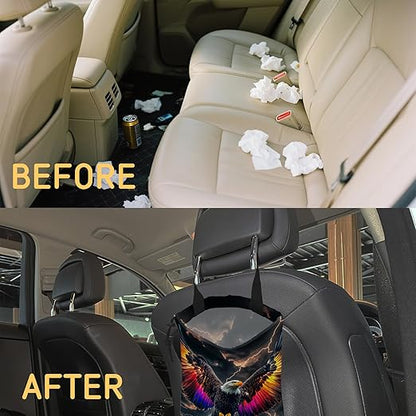 Colorful Bald Eagle Car Trash Bag,Lightning Sky Strap Drawstring Car Garbage Bags,Car Back Seat Organizer with Adjustable Buckle for Car Accessories
