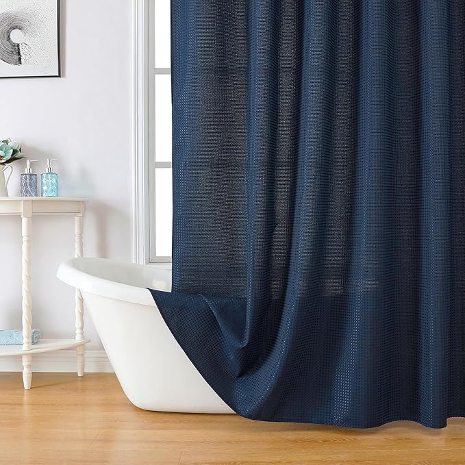 meioro Navy Blue Shower Curtain, Waffle Weave 256GSM Heavy Duty Textured Fabric Shower Curtains for Bathroom Hotel Spa, Luxury Weighted Polyester Cloth Bath Curtain Set with 12 Hooks, 72Wx96H