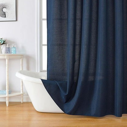 meioro Navy Blue Shower Curtain, Waffle Weave 256GSM Heavy Duty Textured Fabric Shower Curtains for Bathroom Hotel Spa, Luxury Weighted Polyester Cloth Bath Curtain Set with 12 Hooks, 72Wx96H