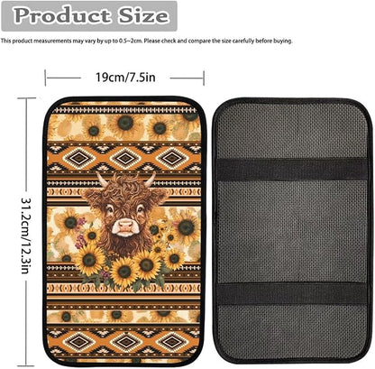 UNICEU Aztec Highland Cow Sunflower Print Car Accessories Soft Comfy Armrest Cover Pad Car Center Console Armrest Protector Covers Universal Fit Trucks SUV Van