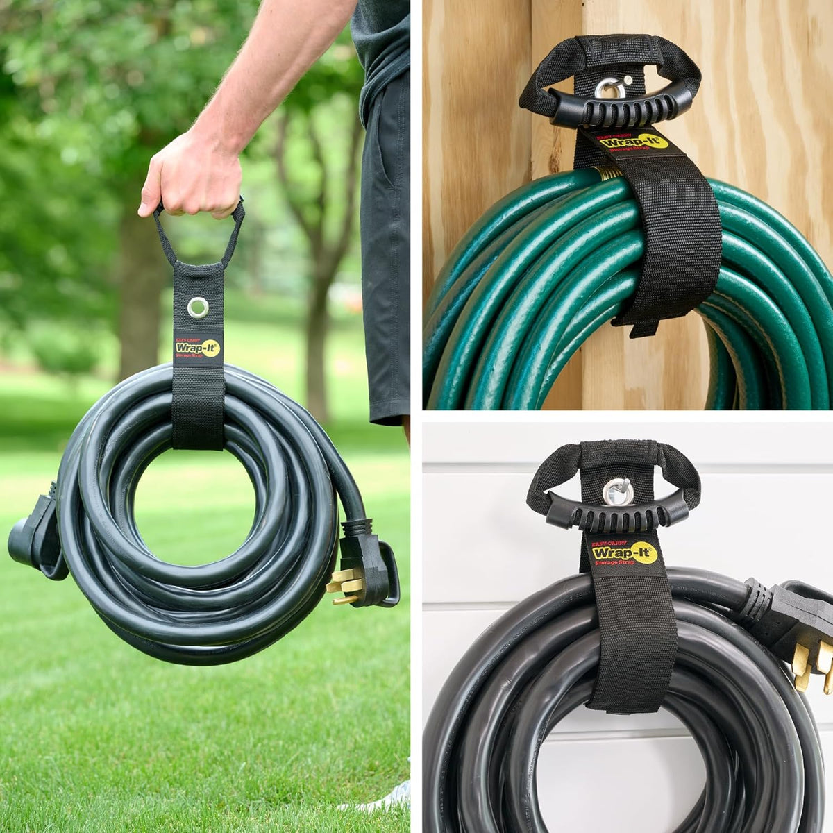 Easy-Carry Wrap-It Storage Straps - 22" (2-Pack) Black with Grommet - Extension Cord Holder Organizer for Garden Hose Storage Cord Straps