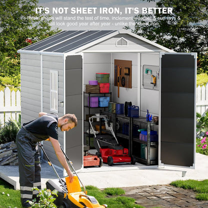 CDCASA 8x6 FT Resin Storage Shed, Large Waterproof Outdoor Sheds with Floor & Lockable Door & Vents, Outside Plastic Tool Shed for Backyard, Patio, Poolside, Cabinet