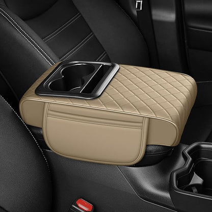 Center Console Cover for Civic: Armrest Cover for Car with 2 Storage Bags - Waterproof Leather Center Console Cover with Cup Holder for Car,Anti-Scratch Auto Armrest Pad Accessory （Beige