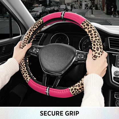 Road Comforts Leopard Steering Wheel Cover - Made with PVC Leather Cheetah Print, D-Shaped Automotive Steering Wheels - Anti-Slip, Universal Fit 14 1/2 inches to 15 inches - HotPink
