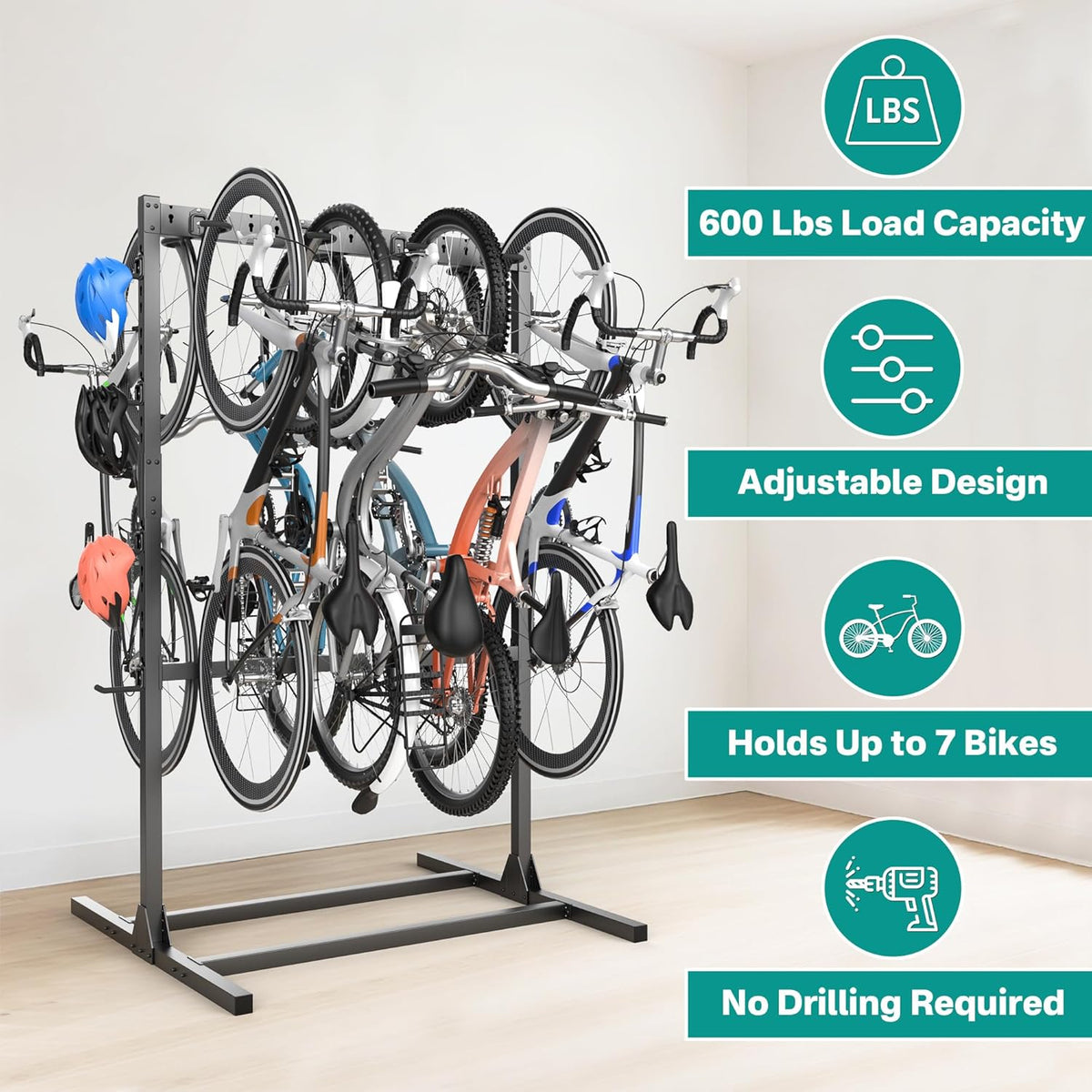 EVERHANGER Freestanding Bike Stand Rack with Adjustable Hooks, Vertical Bike Stand for Garage, Bicycle Storage Organizer, Holds Up to 7 Bikes & 7 Helmets