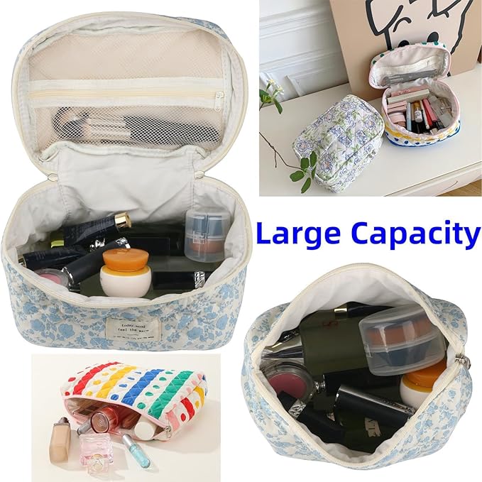 Fcteap Makeup Bag Travel Essentials Quilted Cosmetic Toiletry Pouch Organizer Insert for Women Dorm Room Essential Gift Large Capacity Opening Lightweight Cute Aesthetic Portable 2PCS (Heart)