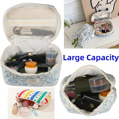 Fcteap Makeup Bag Travel Essentials Quilted Cosmetic Toiletry Pouch Organizer Insert for Women Dorm Room Essential Gift Large Capacity Opening Lightweight Cute Aesthetic Portable 2PCS (Heart)