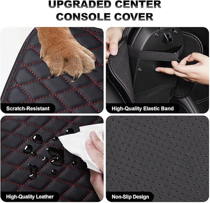 Upgraded Car Center Console Cover Fit for RAV4 Faux Leather Car Armrest Cover Cushion with 2 Storage Bags,Car Armrest Storage Box Interior Accessories(Black&Redline)