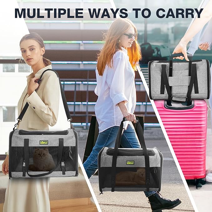 Cat Carrier for 2 Cats/Kitten, Pet Carrier for Cat, Puppy, Small Dog & Bunny, Foldable Soft-Sided Travel Pet Bag, Sturdy Frame Support, up to 25 lbs, Car Seat Belt Compatible, 20x13x13 in, Gray