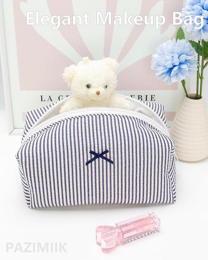 PAZIMIIK Cozy Makeup Bag Small Aesthetic Travel Zipper Cosmetic Pouch for Women Make Up Beauty Accessories Brushes, Stripe Navy Blue