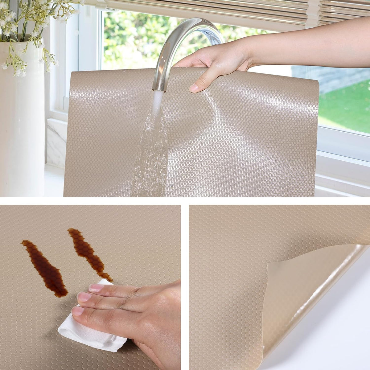 Beige Shelf Liners for Kitchen Cabinets Non Adhesive Drawer Liner for Bathroom Waterproof Refrigerator Liners for Shelves Fridge Plastic Mats Cabinet Cupboard Liner 11.8 x 393.7 Inches
