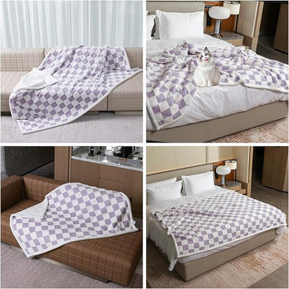 Maidewow Waterproof Pet Blanket,Dog Bed Covers Couch Sofa Stylish Jacquard Pets Throw Blankets for Puppy Cats Washable Reversible Furniture Protection Covers (Purple Check,L)