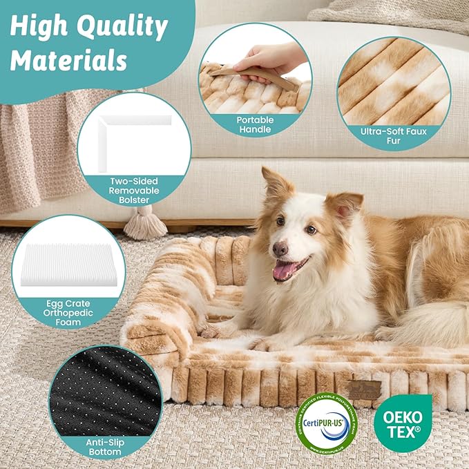 COZY KISS Cute Dog Bed, Faux Rabbit Fur Orthopedic Foam Dog Bed with Sides, Removable Washable Cover & Waterproof Lining, Comfortable Pet Couch for Small Dogs, Tie-Dye Brown (30" L x 20" W x 6" Th)