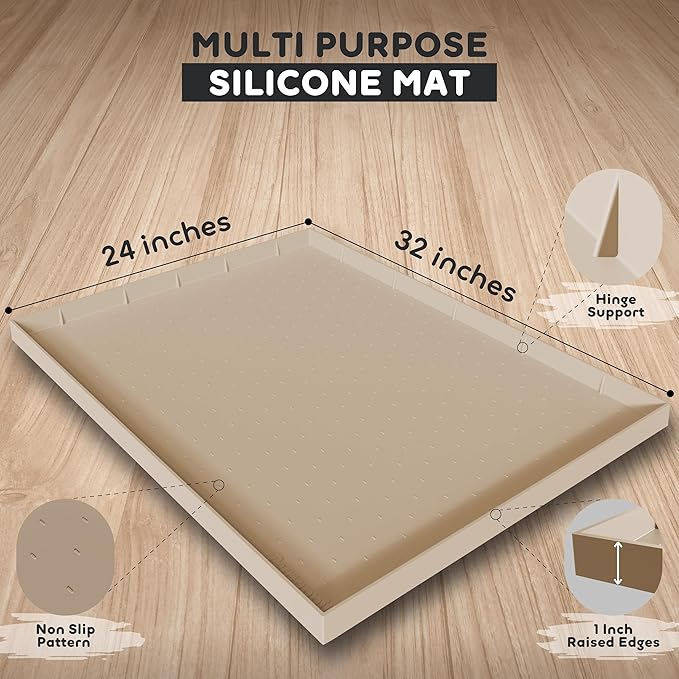 32x24x1” XL Dog Food Mat - All Purpose Under Sink Liner, Washer and Dryer Covers for The Top, Silicone Griddle Mat for Blackstone - Raised Edges Dog Mat for Food and Water Prevent Spill, Waterproof