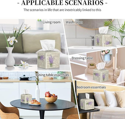 POIUBLE Leather Tissue Box Holder Lavender Flowers Tissue Box Cover Square Waterproof Tissue Holder Organizer Modern Napkin Holder for Bedroom Dresser Night Stand Office Desk