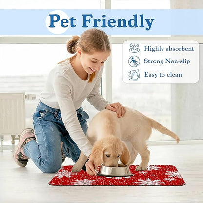 Chirtsmas Snow Flower Pet Food Mat for Cats and Dogs–Absorbent Quick Dry Feeding Placemat, Non Slip Rubber Base, Waterproof Bowl Mat for Indoor Use, Pet Supplies 12"x20"