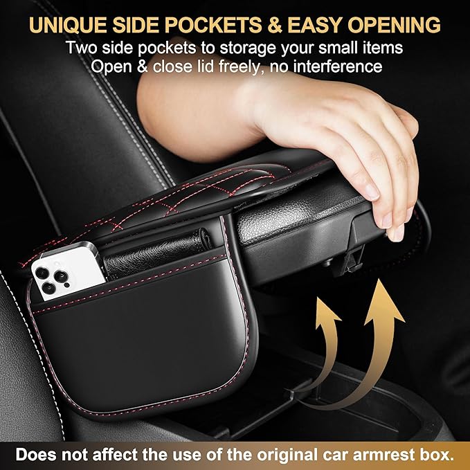 Center Console Cover Fit for Clarity: Scratch and Wear Resistant Console Cover Leather with 2 Storage Bags -Upgraded Armrest Coverfor Car,Anti-Scratch Auto Armrest Pad Accessory （Black&Red
