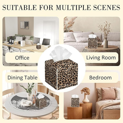 POIUBLE Leather Tissue Box Holder Leopard Print Tissue Box Cover Square Waterproof Tissue Holder Organizer Modern Napkin Holder for Bedroom Dresser Night Stand Office Desk