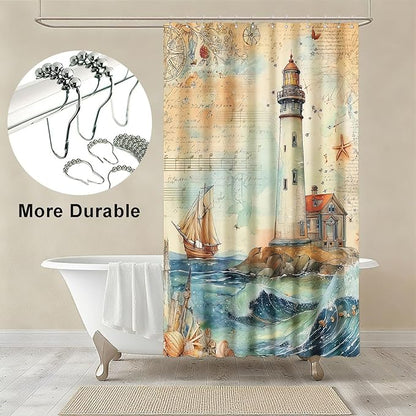 mutakin Nautical Shower Curtain Coastal Lighthouse Shower Curtains for Bathroom Waterproof Fabric Bath Curtain Decor with Hooks